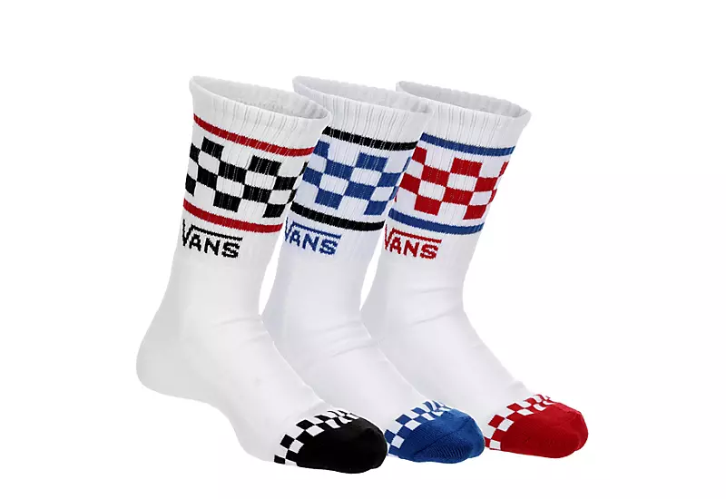 Vans Boys 3pk Checker Band Crew Socks - White 1 Vans Boys 3pk Checker Band Crew Socks - White