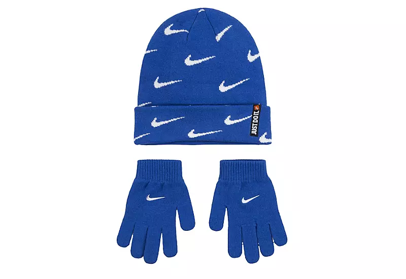 Nike Boys Swoosh All Over Print Roll Cutt Beanie Set - Blue 1 Nike Boys Swoosh All Over Print Roll Cutt Beanie Set - Blue